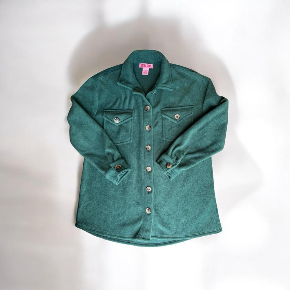 Coco & Shay Green Fleece Boyfriend Button Up Shirt Jacket Shacket Casual Sz S